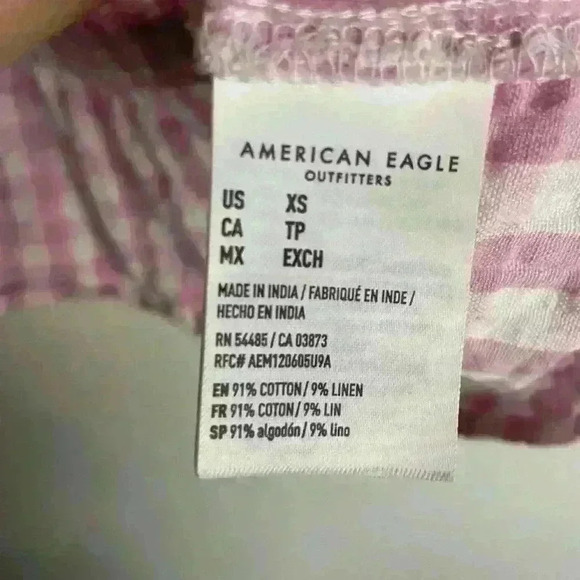American Eagle Size Xs Wrap Babydoll Blouse Checkered Pink Cottage Linen Peasant - Picture 3 of 8